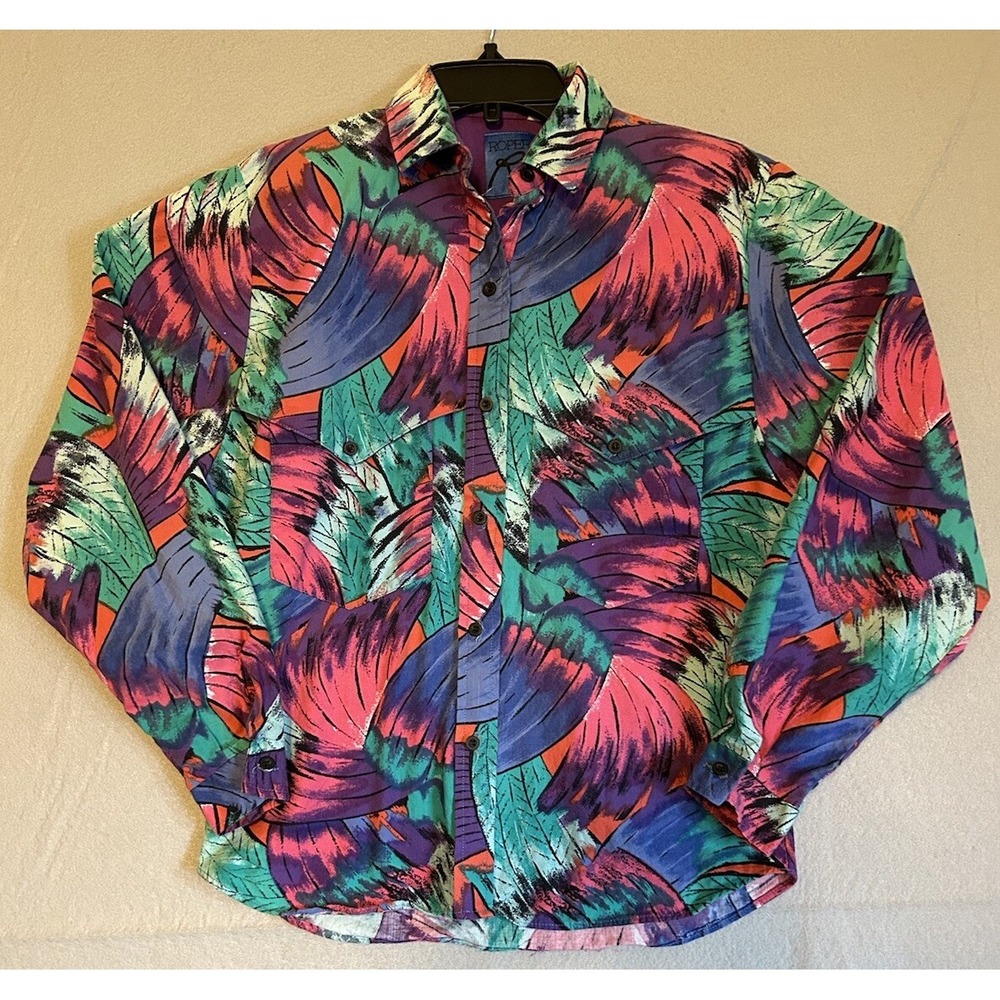 80's Roper Western Shirt Womens Sz 7/8 Rodeo Cowboy Feathers Cape Design USA